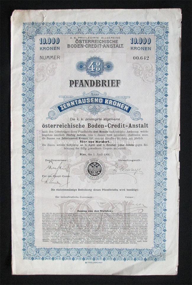 Osztrk Fldhitel Intzet zloglevl 10000 korona 1906